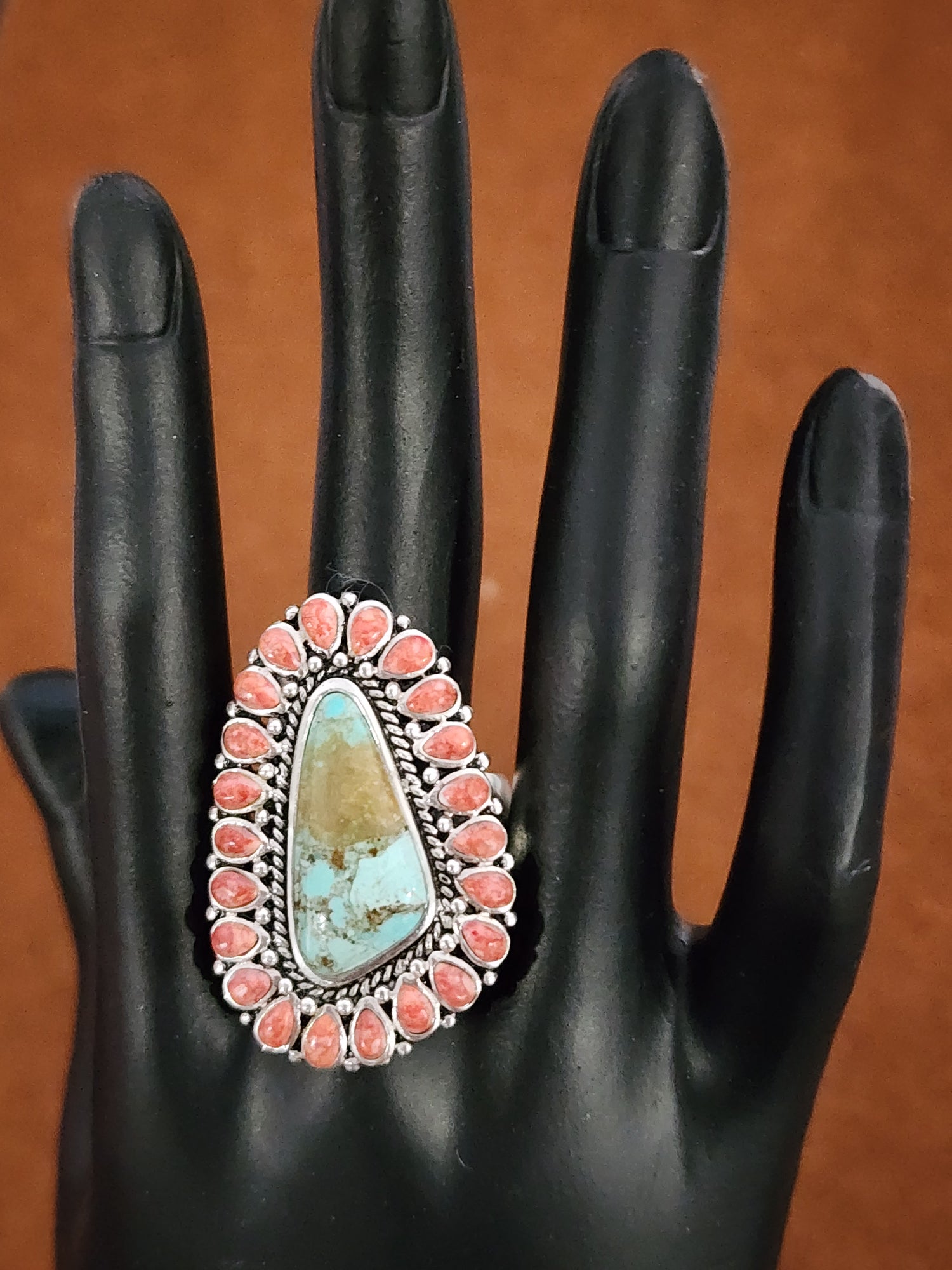 Size 9 Turquoise and Orange Sponge Coral Statement Ring 6
